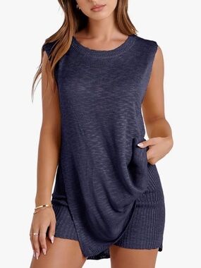 Sleeveless Knit Two-piece Set - Navy